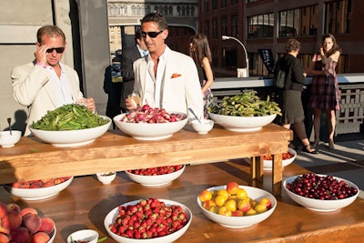 For the Friends of the High Line summer benefit in New York, Bite Food set out bowls of seasonal fruit and vegetables from the Greenmarket for nibbling during cocktails.