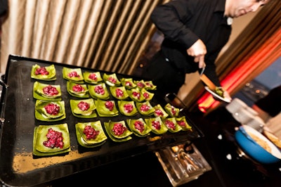 Food provided by the State Room at stations throughout the room included beef tenderloin, roasted free-range chicken, artisan cheeses, pasta, and flat-bread pizzas.