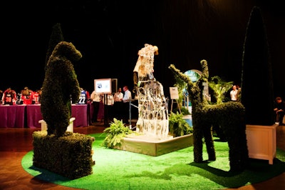 Topiary trees—designed to look like bears and deer—surrounded an ice sculpture just inside the entrance to the reception area.