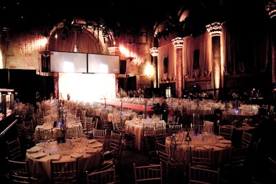 The main ballroom was set up as the dinner and runway presentation area, with the elevated catwalk bisecting the 50 tables.