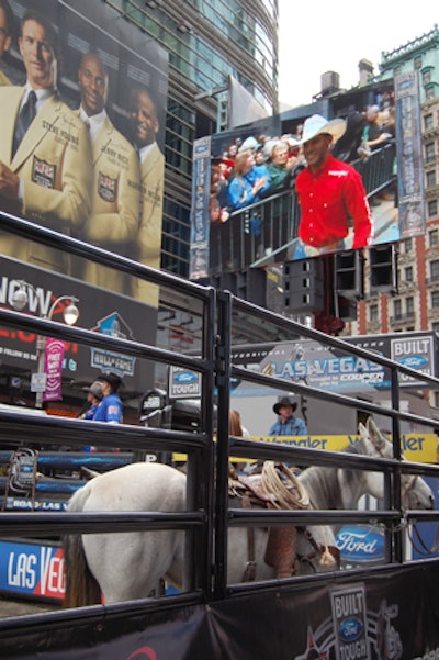 Sandwiched between Walgreens, ESPN Zone, and the Nasdaq MarketSite, the promotion included a dirt-covered arena with eight-foot-tall barriers, Jumbotrons, an elevated platform for the announcer, and pens for the bulls. The build-out took the organizers about 12 hours.