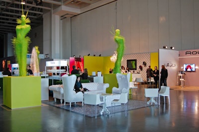 Nicholas Pinney commissioned artist Thomas McAneney to create four acid-green six-foot sculptures to add a theatrical element to the space.