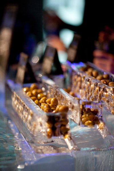 To accompany the martinis, Ultimat served six different types of olives at its bar sculpted from ice.