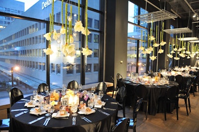 Event planner Gillian Hoff worked with students from Seneca College's event design and management program to create the upside-down floral arrangements that hung above tables in the dining area.