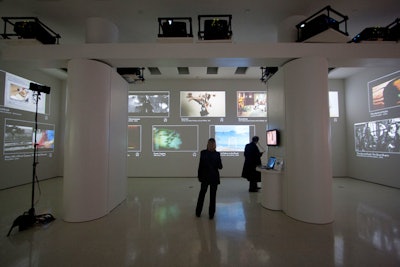 The second floor of the museum housed the YouTube Play digital gallery, where guests learned more about the project and finalists' work. In the main area on this level, all 25 videos were displayed on the walls, using nine projectors provided by Background Images.