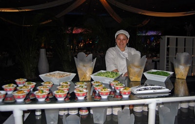 During the cocktail reception hour, guests had their choice of passed hors d'oeuvres, a cold sesame noodles station, and a buffet with chips and dips.