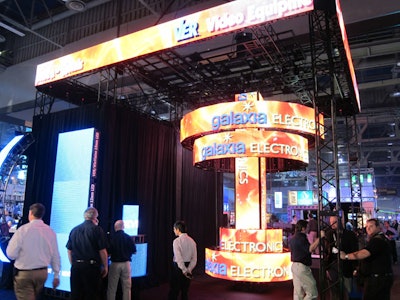 Video Equipment Rentals exhibited motorized ring-shaped screens that rose and fell on a pole-shaped screen display.