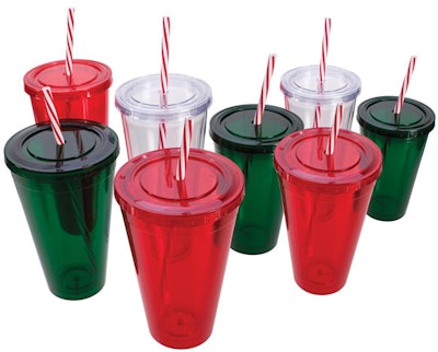 Candy cane tumblers can be emblazoned with corporate logos or event info.