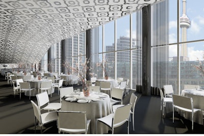 On the sixth floor of TIFF Bell Lightbox, Malaparte is a private event space with a 16-foot ceiling with moulding covered in silver leaf. The space holds 150 seated and 250 for receptions.