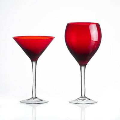 Festive glassware from Chair-Man Mills includes ruby-red martini glasses and wine goblets.