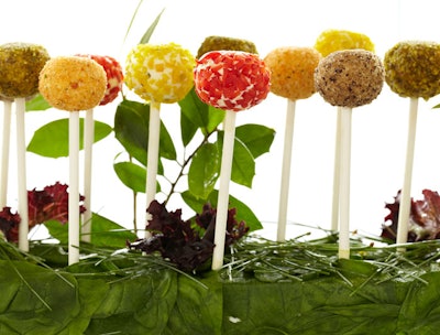 Goat cheese lollipop truffles rolled in crushed pistachios, sun-dried tomatoes, and other toppings from Windows Catering Company in Washington