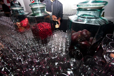 Bartenders served vodka infused with beets and horseradish, pomegranate and ginger, and cranberry and coriander from large glass containers.