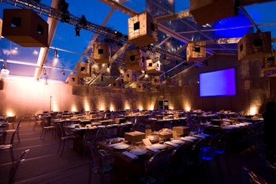 Heffernan decorated the dinner tent in all-cardboard decor. His vision was to make guests feel as though they were 'walking into a huge cardboard box for dinner with 500 friends.'