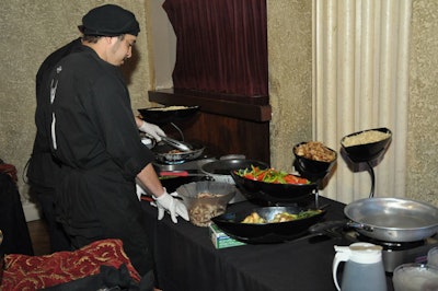 The catering team from Hard Rock Live set up food stations in the lobby, including one serving made-to-order stir-fry.