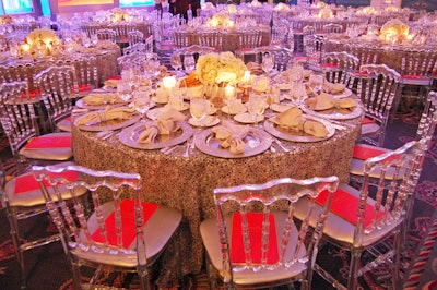 Tiffany chairs from Detailz Chair Couture surrounded tables topped in sparkling sequined linens from Susan Murray International.