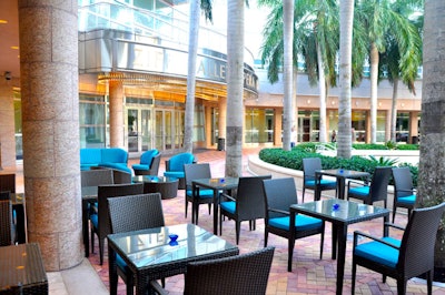 Bombay Sapphire Lounge can accommodate 60 guests inside, and an additional 50 on the plaza.
