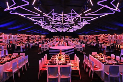 An art installation made from PVC piping and Versatubes decked the ceiling at the MOCA benefit.