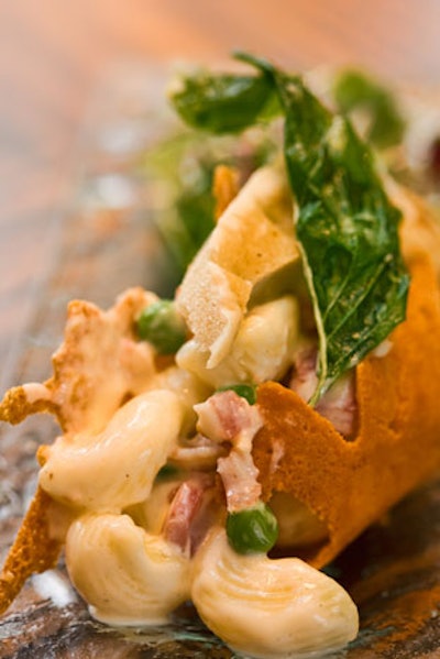 Puff 'n Stuff Catering's lobster mac-and-cheese is served inside a cheddar cheese tuile.