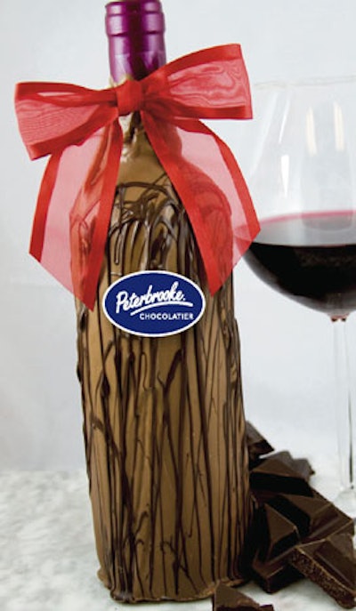 Combine two popular gifts into one with Peterbrooke Chocolatier's chocolate-covered wine bottle.