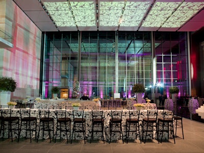 Nearly two dozen high chairs at a long, rectangular dining table lent a communal vibe to the dining space.