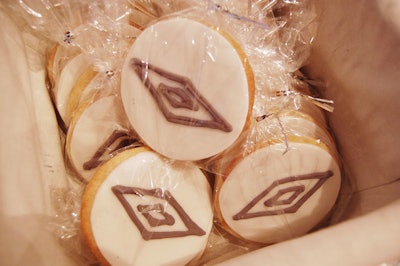 A catering station included cookies, branded with Umbro's double diamond logo, designed by Mookietown.
