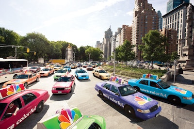For the 2010 Upfronts in New York in May, NBC promoted its slogan 'More Colorful' with a group of brightly hued cabs that drove around Midtown before stopping in front of the Hilton for the network's presentation.