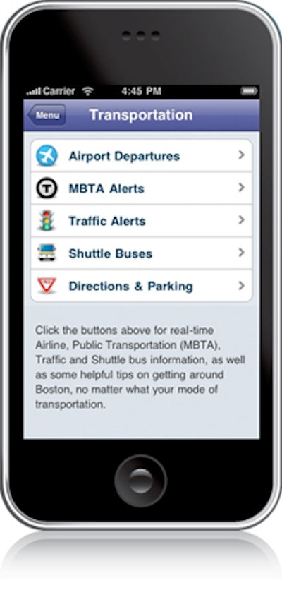Traffic updates and real-time transportation info, including Logan flight statuses, MBTA alerts, and information on shuttle buses, directions, and parking information, can be accessed via the applications.