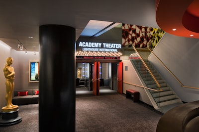 Marked with a Broadway-style marquee, the Academy Theater can be used in conjunction with the adjacent lobby area for event rental.