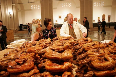 The Brooklyn Museum broke from tradition with April's Brooklyn Ball by blurring the lines between the art and the meal. Artist Jennifer Rubell was responsible for the interactive courses, which forced the guests to participate in the serving of their meal.