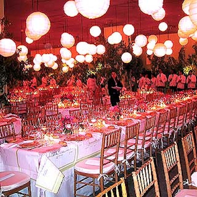 For MoMA's Party in the Gardent, which was held in the former Cafe Etc. space, Robert Isabell suspended pink lanterns from the ceiling and leaned tall poplar tree branches against the walls.