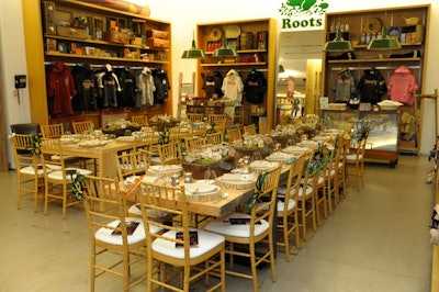 Fiori Florals used a variety of mushrooms to create centrepieces for the dining tables at Roots, which also featured sawed-log charger plates at each place setting.