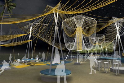 For this year's Oceanfront pavilion, New York-based architects Phu Hoang Office and Tel Aviv-based design firm Rachely Rotem Studio will use two types of rope, reflective and phosphorescent, to create an interactive environment of open-air structures that sway and glow.