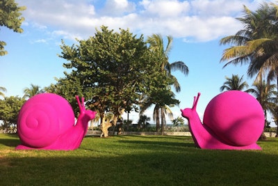 Another public installation on view during Art Basel consists of giant pink snails made from recycled plastic. Galleria Ca' d'Oro and Cracking Art Group have strategically placed 45 of them throughout Miami Beach as part of an environmentally minded project called REgeneration Art.