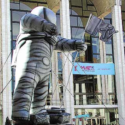 A giant Video Music award statue greeting guests outside the MTV Video Music awards ceremony at Lincoln Center.