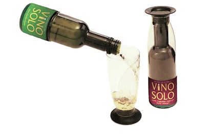 For events without bartenders, Vino Solo combines a 187-milliliter bottle of wine with a plastic drinking flute. It's available through Philadelphia-based KDM Global Partners. Custom labels can be made with a company's logo.