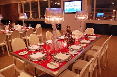 Event organizers used a mix of red- and white-topped tables in the dining area.