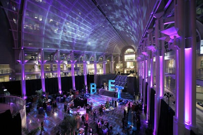 Giant teal BET letters fashioned from sequined velvet fabric served as the focal point of the BET Honors after-party in the Reagan Building atrium last January.