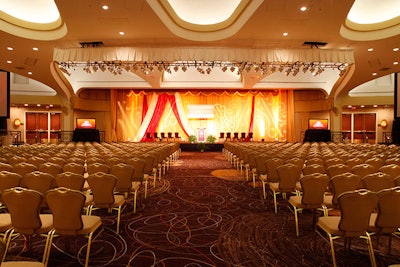 The Hilton Washington's international ballroom, which accommodates 4,200 guests for a reception and 2,600 for a seated dinner, received new carpet and audiovisual updates as part of the hotel's $150 million renovation.