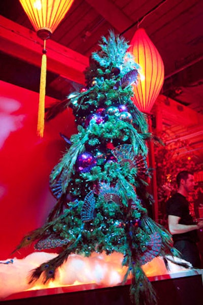 Peacock feathers and fans decorated a Christmas tree near the main entrance.