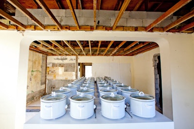 Another room had 44 crock-pots bubbling with Rubell's freshly made porridge.