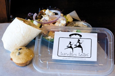 Lunchbox Ladies offers various 'pick two' options from a selection of half wraps, salads, subs, or soup. Each one comes with a dessert such as a chocolate chip muffin.