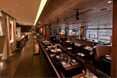 Design elements in the main dining room include an oak hardwood ceiling.