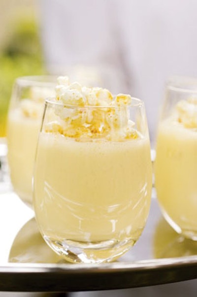 Boutique Bites' appetizers include corn soup shooters with popcorn and truffle oil.