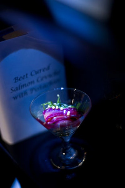 The chef-attended food bar served items such as beet-cured salmon ceviche.