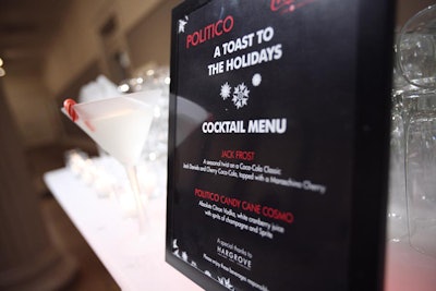 Beyond beer and other mixed cocktails, bartenders also served two specialty cocktails: the Jack Frost and the Politico Candy Cane Cosmo.