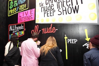 For a $5 fee (proceeds benefited the New Museum), guests could partake in an adult-themed peep show erected in what is normally the agency's library. Four 'interns' provocatively posed behind a specially constructed room, Xeroxing their unmentionables while writing Christmas cards and sifting through piles of books.