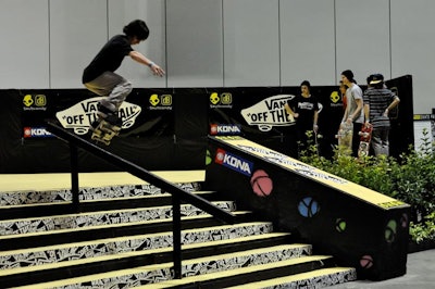 Team Pain built a large skate course with ramps, railings, and steps for the Bangers for Bucks competition.