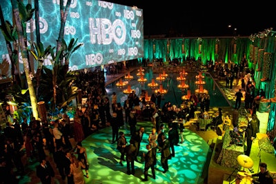 HBO's Golden Globes party included fire features floating on structures in the Beverly Hilton's pool.
