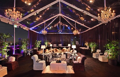 15/40 also produced Sony's party at the Hilton, where rich creams and chocolate browns created a luxe, residential look. The 15/40 team decked the rooftop area in black, white, and silver accents with black sheers, white Mongolian lamb pillows, black carpet, white Flokati rugs, and crystal lamps and chandeliers.