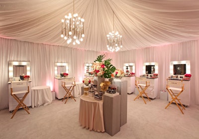 Also at the Four Seasons, In Style presented its beauty lounge, where Caravents again produced and designed a luxury look apropos of the Globes, by mixing a palette of platinum, white, and blush with silk dupioni, suede, and chrome textures with crystal details. R. Jack Balthazar provided the flowers and decor.